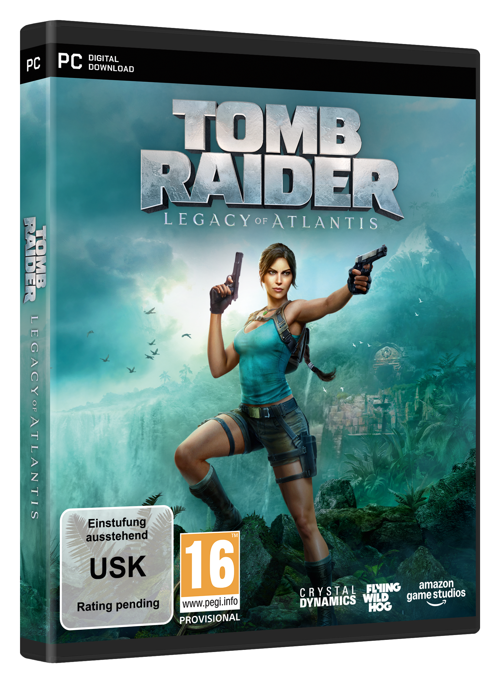 Lara Croft mit zwei Pistolen vor einer Dschungellandschaft mit Wasserfällen.