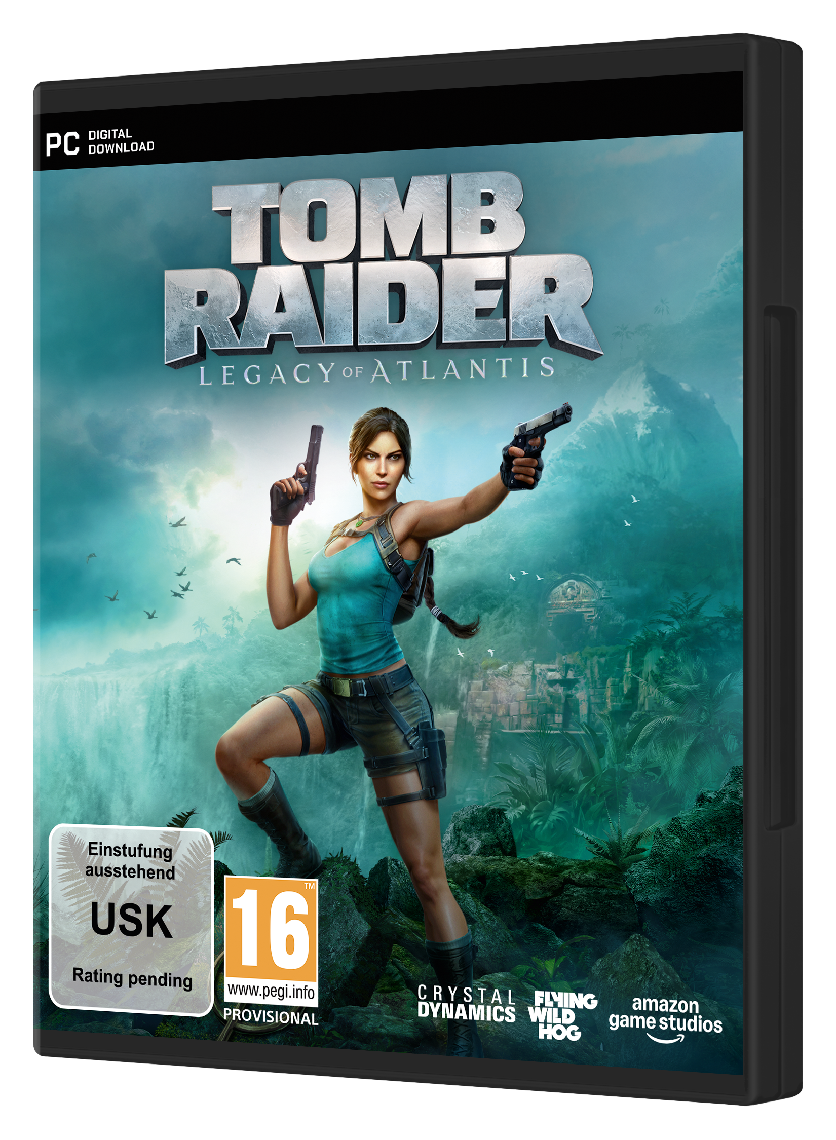Lara Croft hält zwei Pistolen in einer Dschungelumgebung mit Wasserfällen und Ruinen.