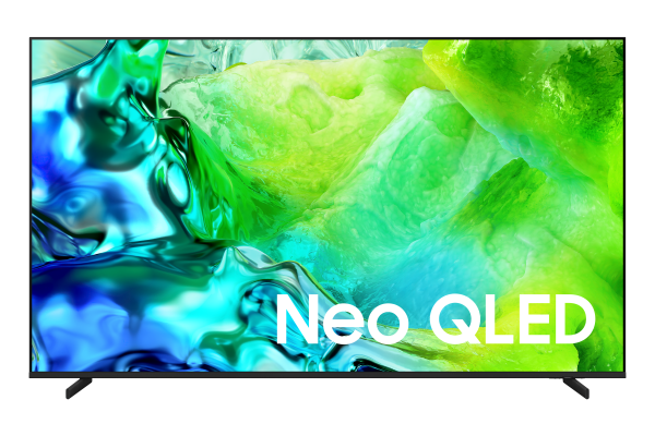 Soyut mavi ve yeşil arka plan üzerinde 'Neo QLED' yazısı bulunan modern bir TV.
