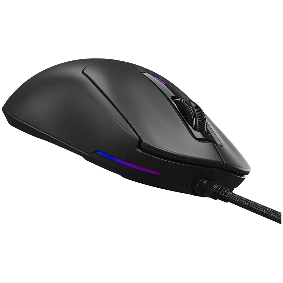 Fekete gamer egér RGB világítással és texturált görgetőkerékkel.