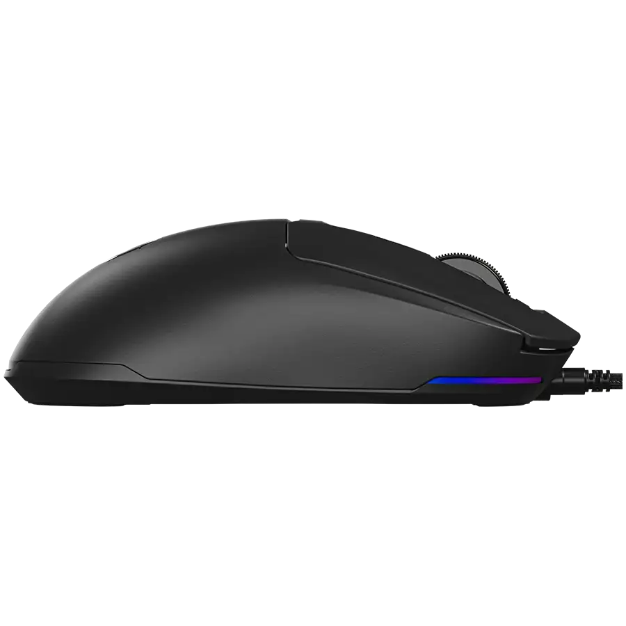 Fekete számítógépes egér RGB világítással, oldalnézet.