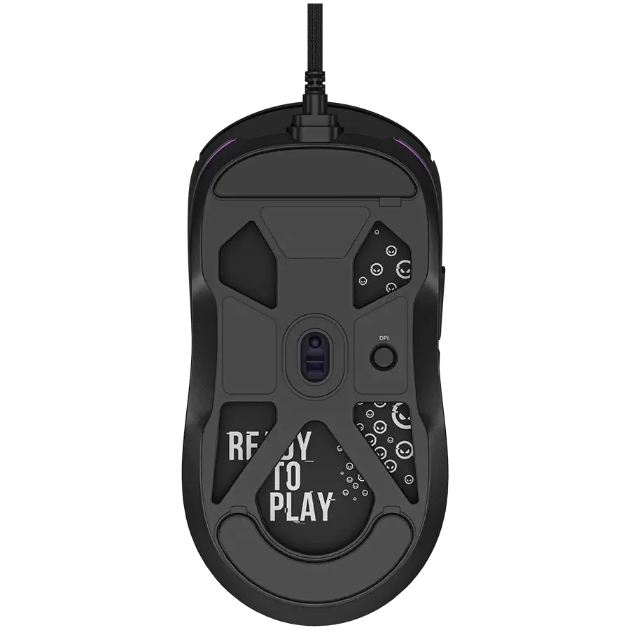 Fekete gamer egér alsó része, DPI gombbal, görgetőkerékkel és 'READY TO PLAY' felirattal.