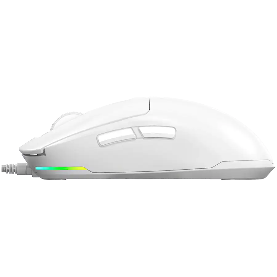 Fehér egér RGB világítással az alján és görgetőkerékkel.