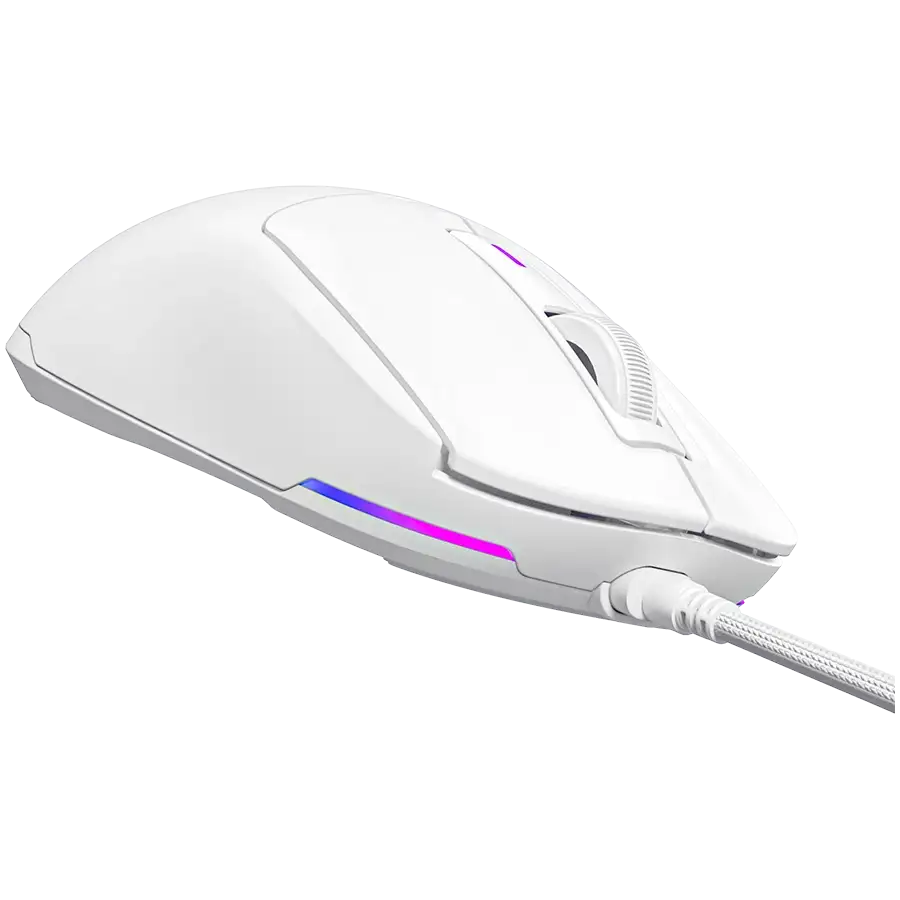 Fehér gamer egér RGB világítással és fehér kábellel.