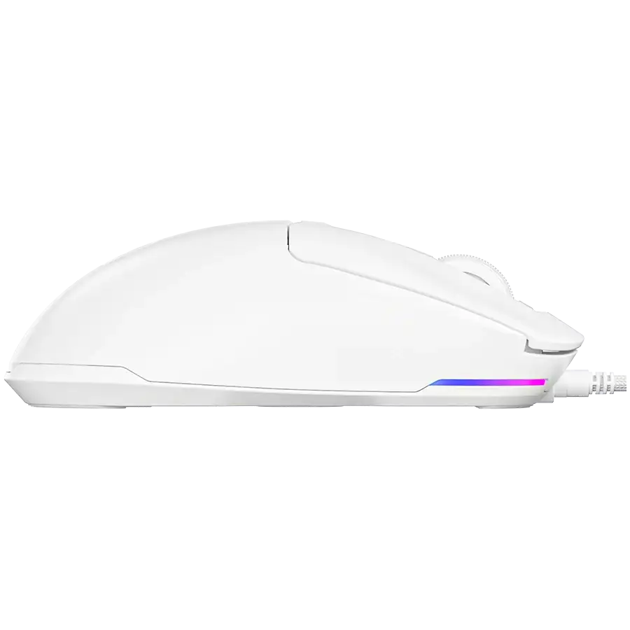 Fehér gamer egér RGB világítással és görgetőkerékkel, oldalnézet.