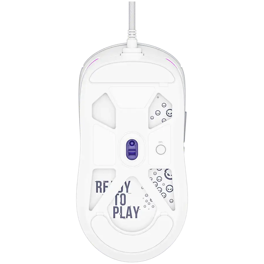 Fehér gamer egér alsó része lila díszítéssel és "READY TO PLAY" felirattal.