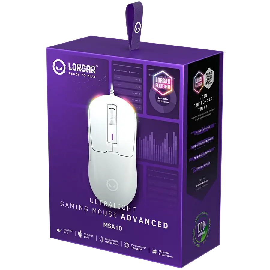 Fehér Lorgar Ultralight MSA10 gamer egér lila dobozban, funkciókkal.