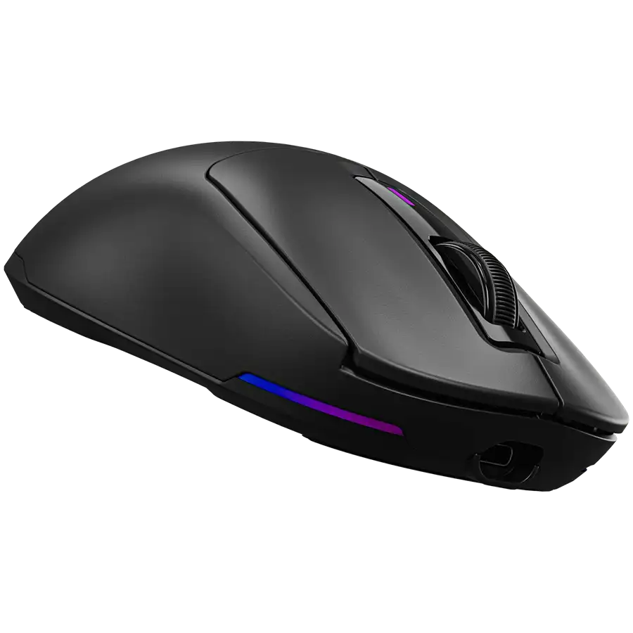 Fekete gamer egér görgetőkerékkel és RGB világítással.