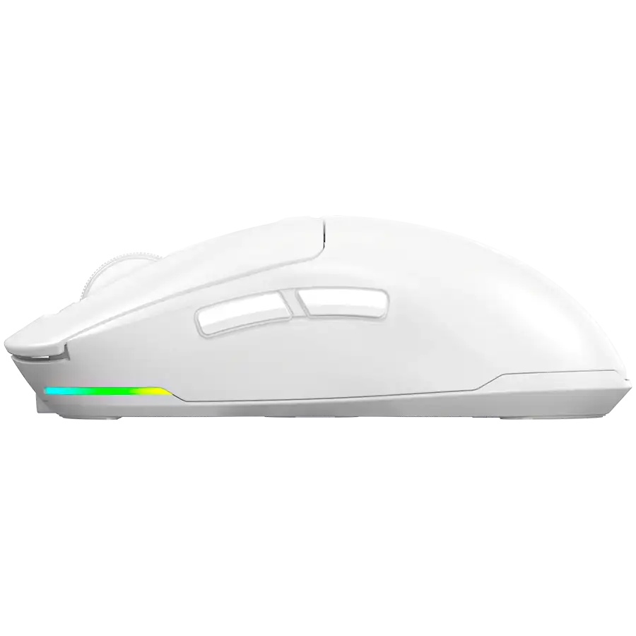 Fehér gamer egér RGB világítással, oldalnézet.