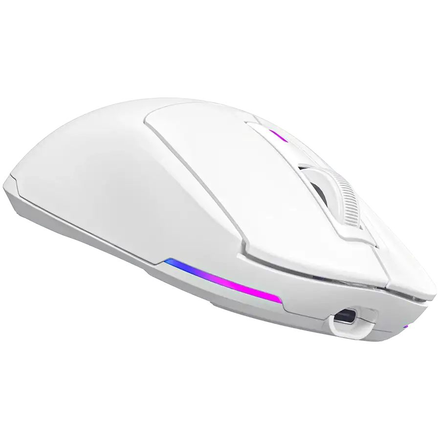 Fehér gamer egér RGB világítással az alján és a görgetőkeréken.