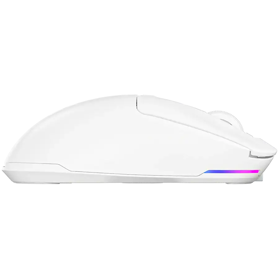 Fehér egér RGB világítással az alján, oldalnézet.
