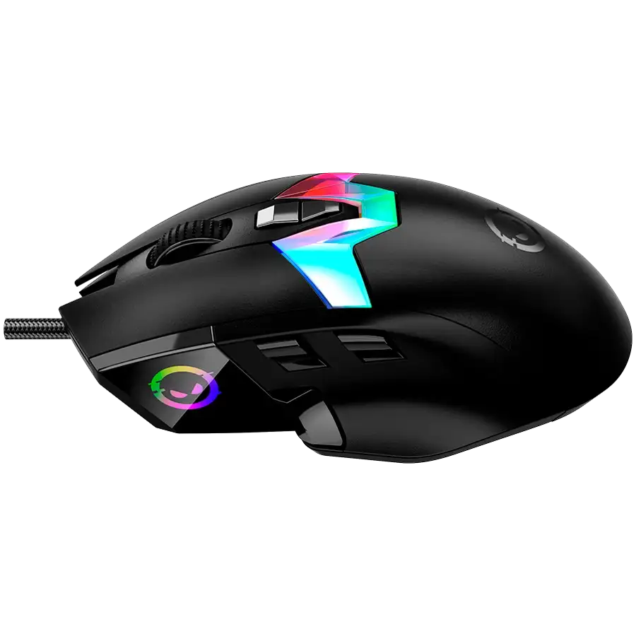 Fekete gamer egér RGB világítással és görgetőkerékkel.