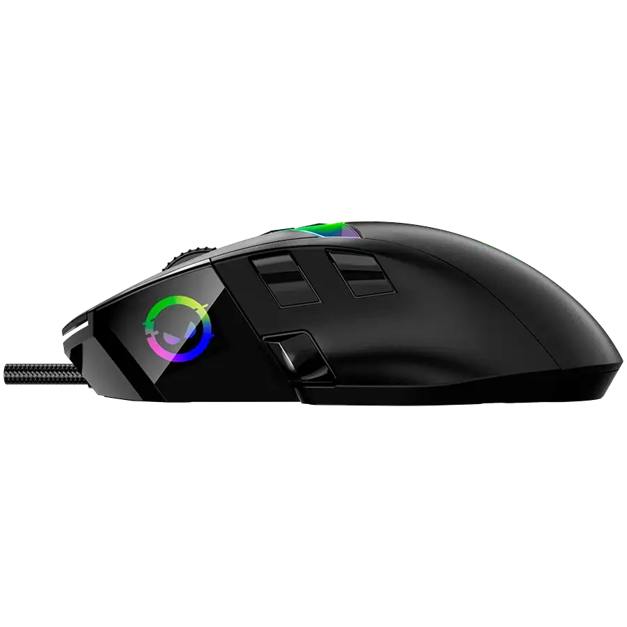 Fekete gamer egér RGB világítással a bal oldalon és görgetőkerékkel.