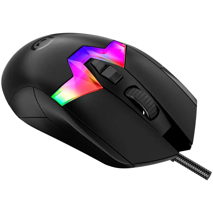 Fekete gamer egér RGB világítással és bordázott görgetőkerékkel.