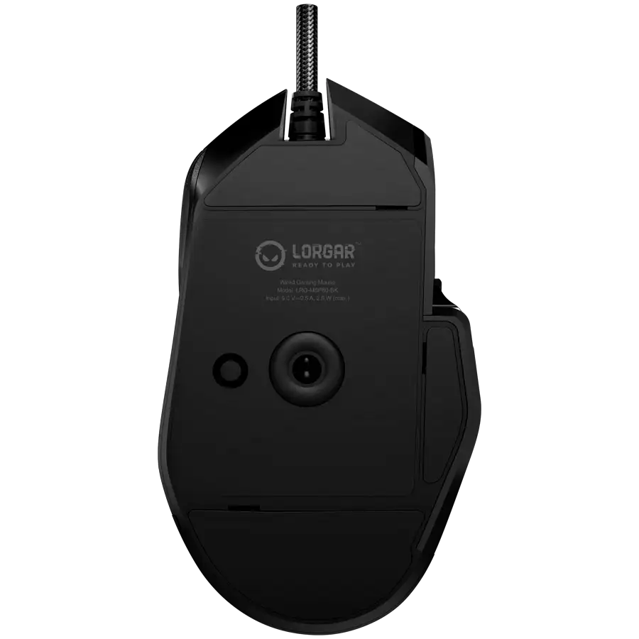 Egy fekete Lorgar gamer egér alsó része, modellinformációkkal és fonott kábellel.