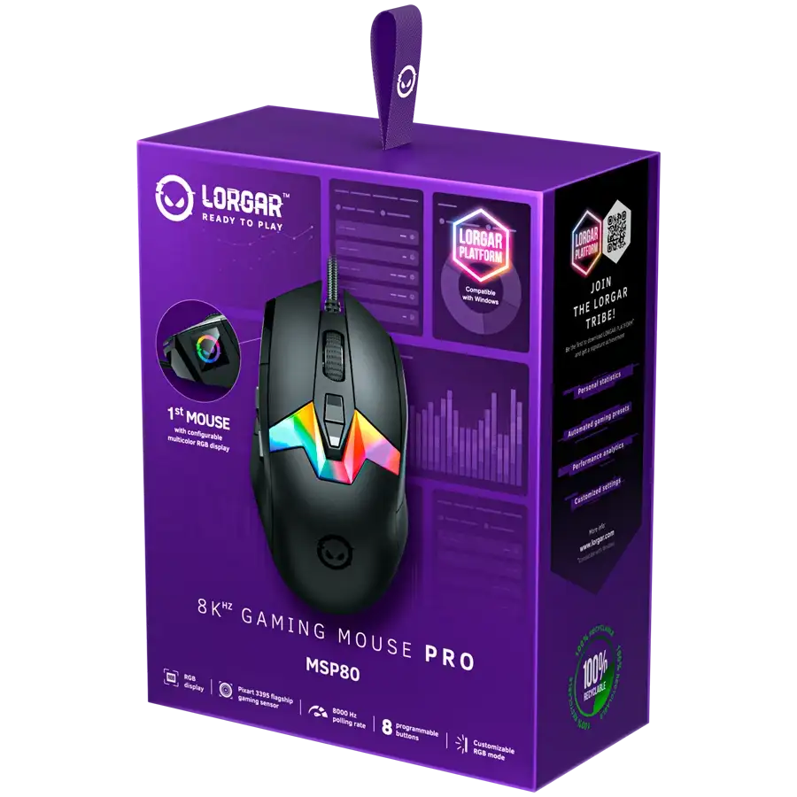 RGB világítású gamer egér lila dobozon.