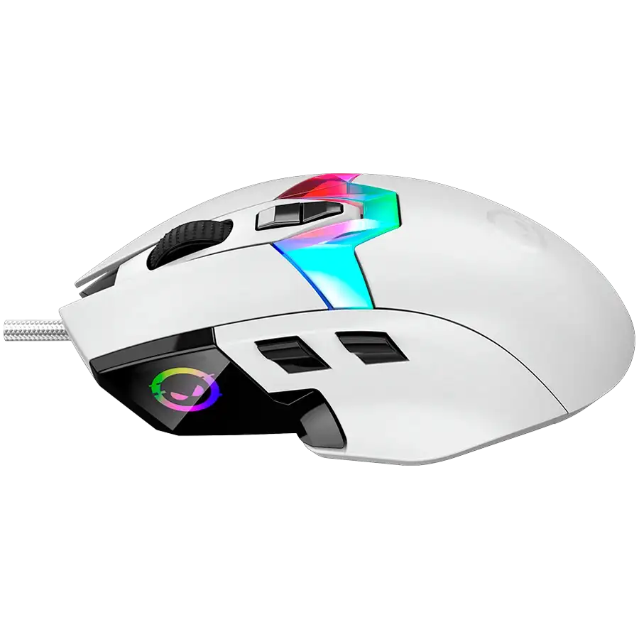 Fehér gamer egér RGB világítással fekete háttéren.