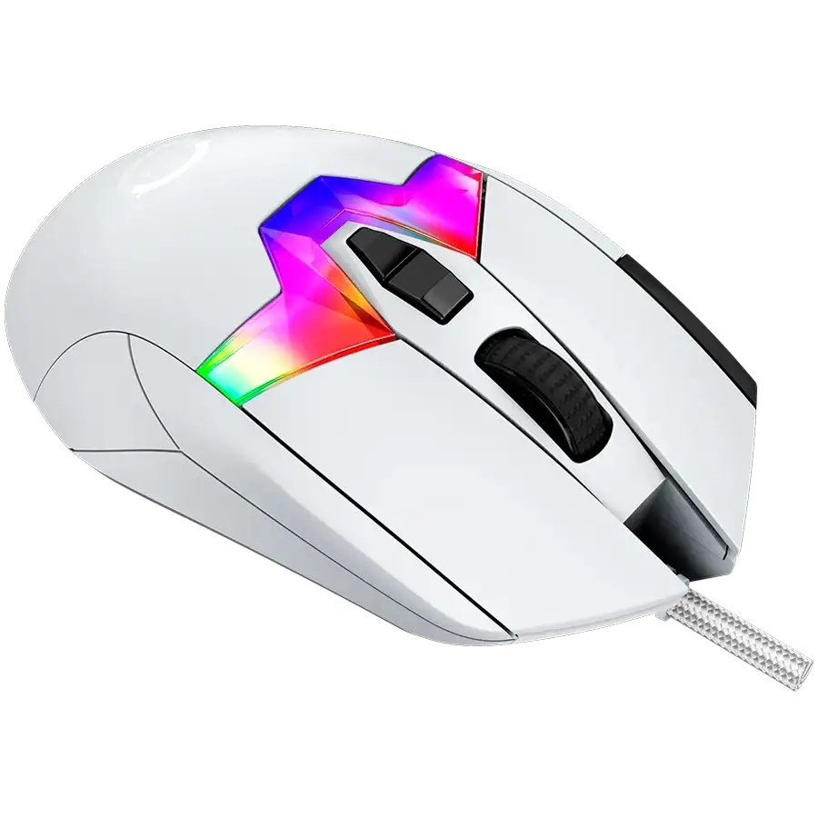 Fehér gamer egér színes RGB világítással és fekete görgetőkerékkel.