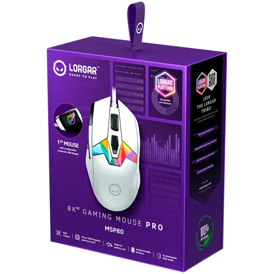 Fehér gamer egér RGB kijelzővel, lila csomagoláson, termékinformációkkal.