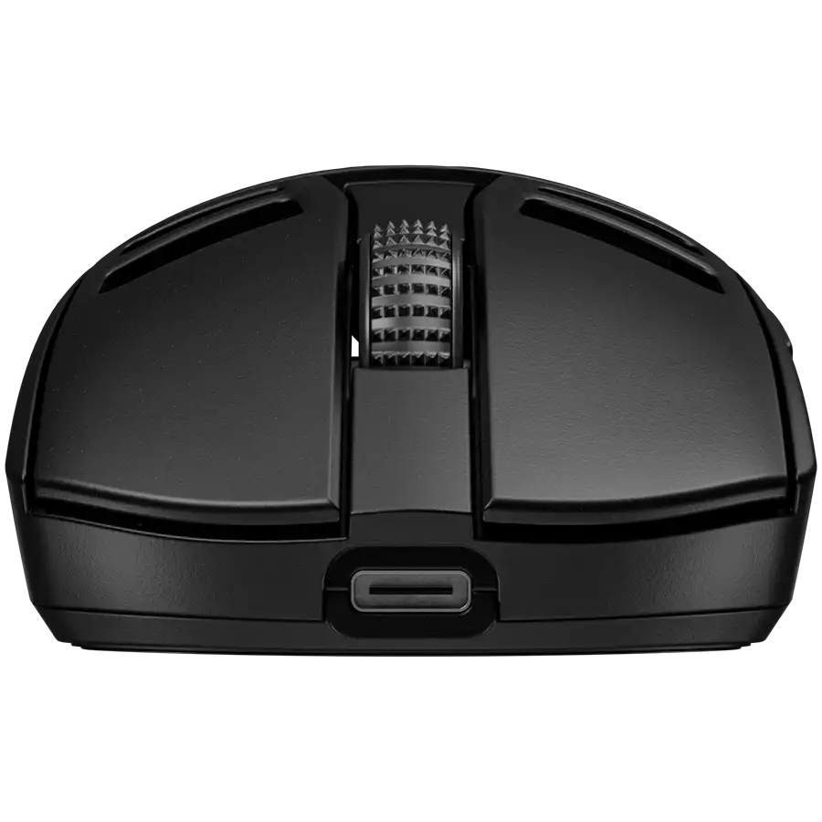 Fekete gamer egér texturált görgetőkerékkel és USB-C porttal.