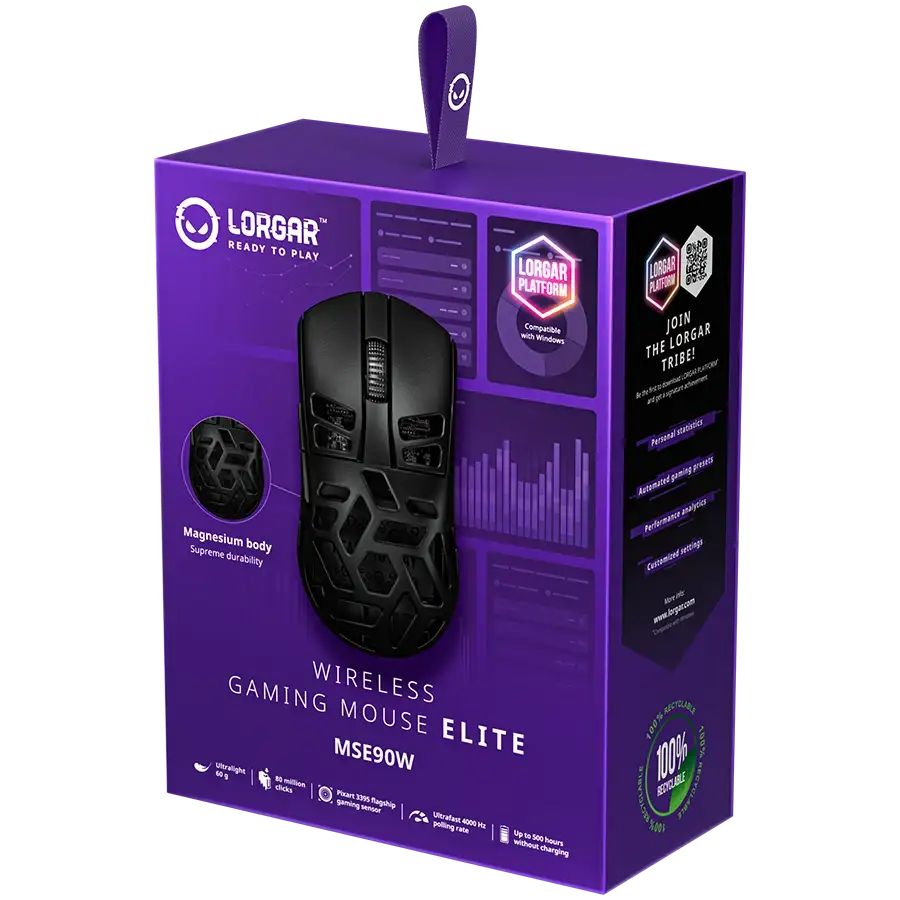 Egy fekete Lorgar gamer egér csomagolása lila díszítéssel és technikai részletekkel.