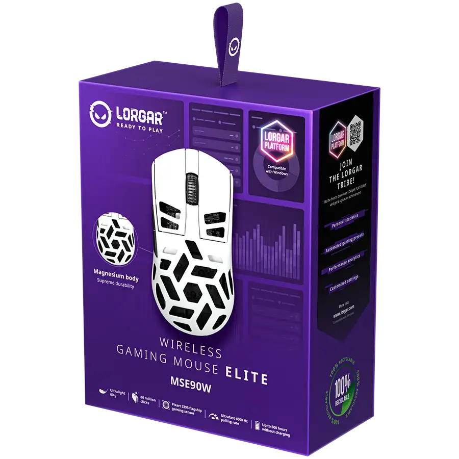Egy fehér Lorgar gamer egér lila dobozon, termékinformációkkal.