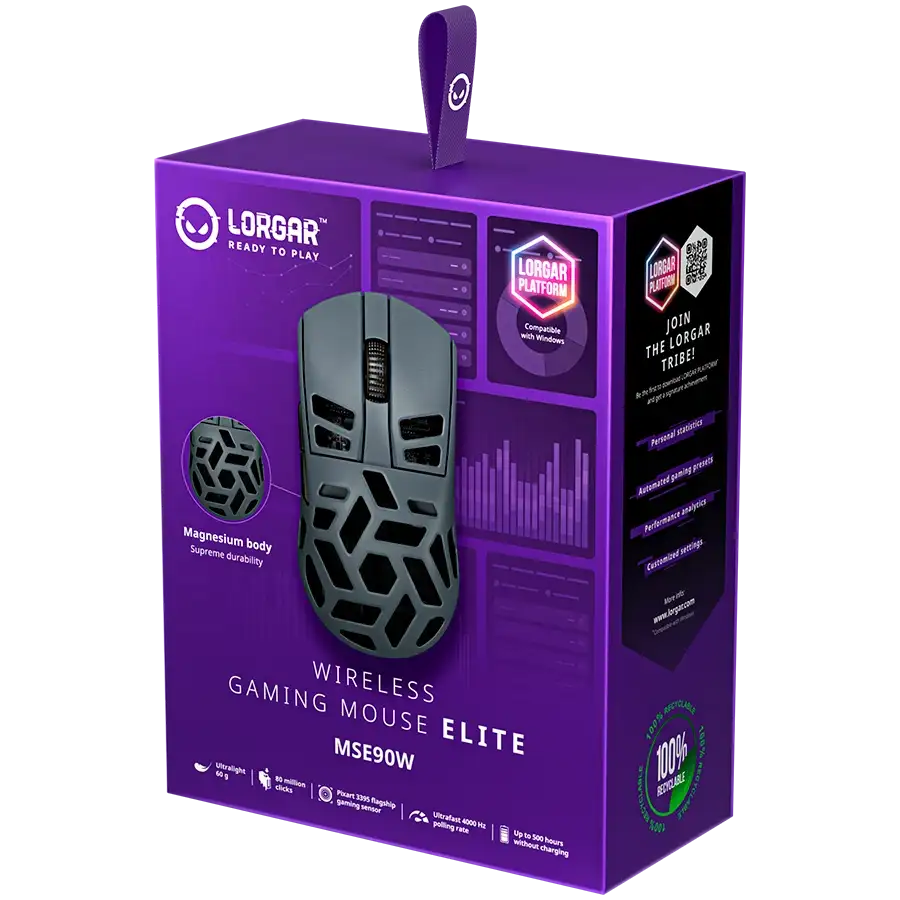 Szürke vezeték nélküli gamer egér lila csomagoláson, termékjellemzőkkel és logókkal.