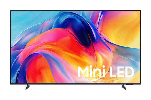 Mini LED yazılı soyut, renkli bir görüntü gösteren televizyon.