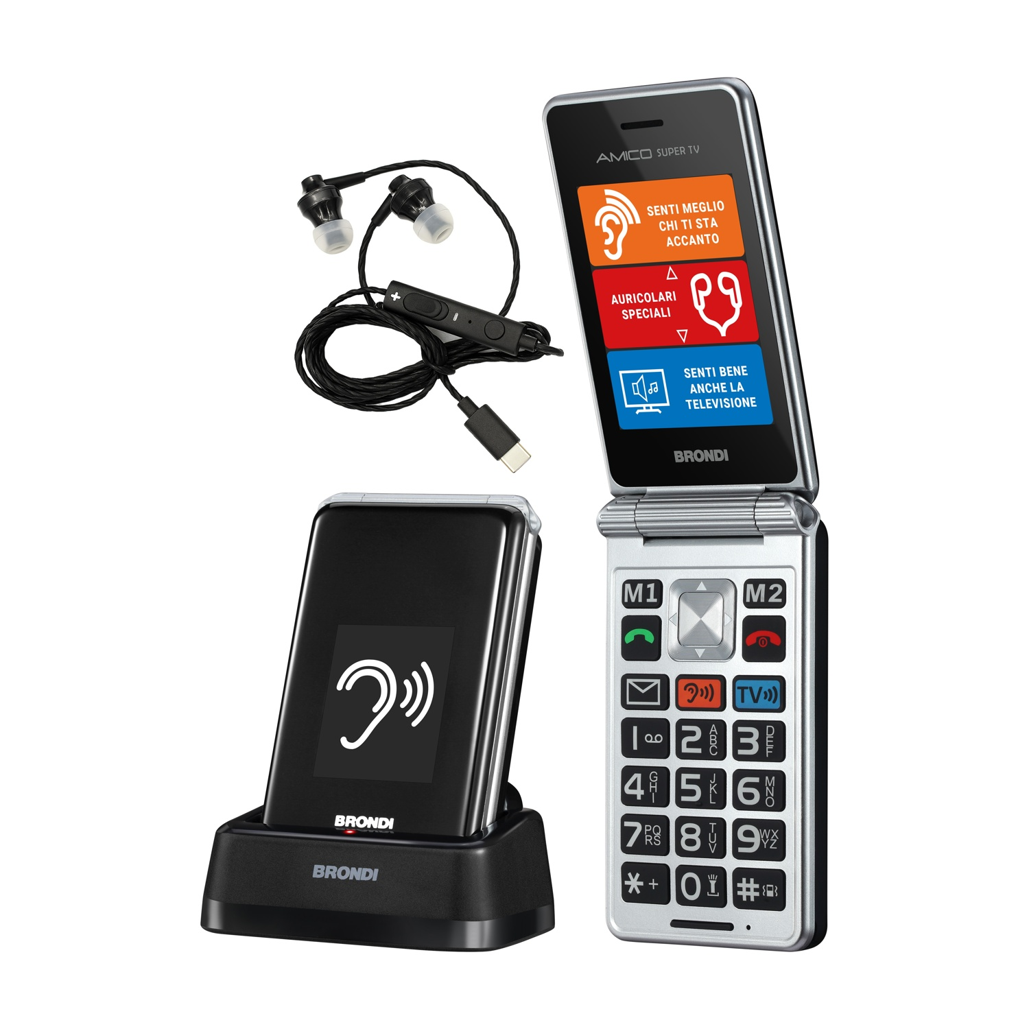 Un telefono a conchiglia argentato con base di ricarica e auricolari.