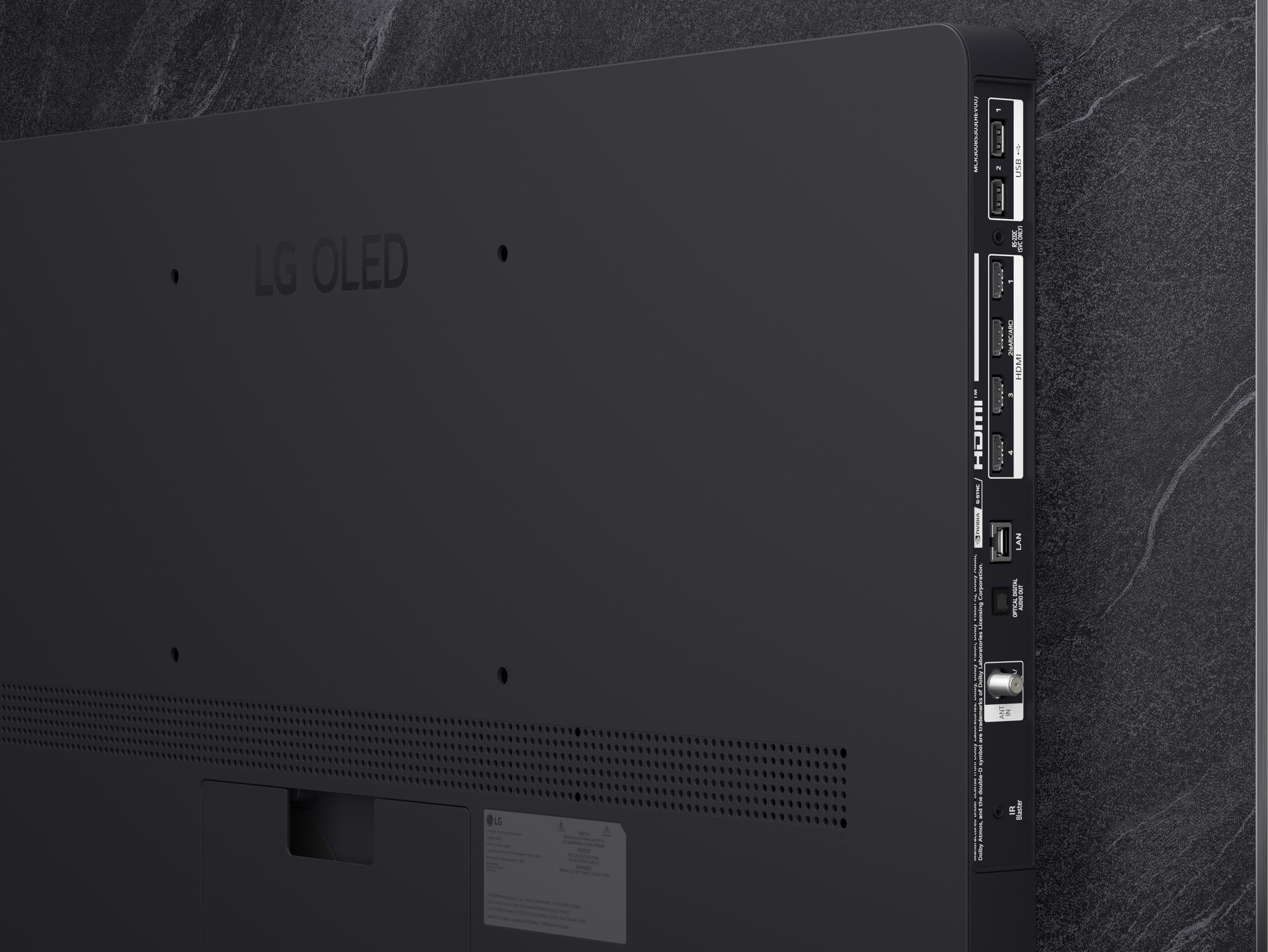 Rückseite eines schwarzen LG OLED-Fernsehers mit Anschlüssen: HDMI, USB, LAN, Antenne.