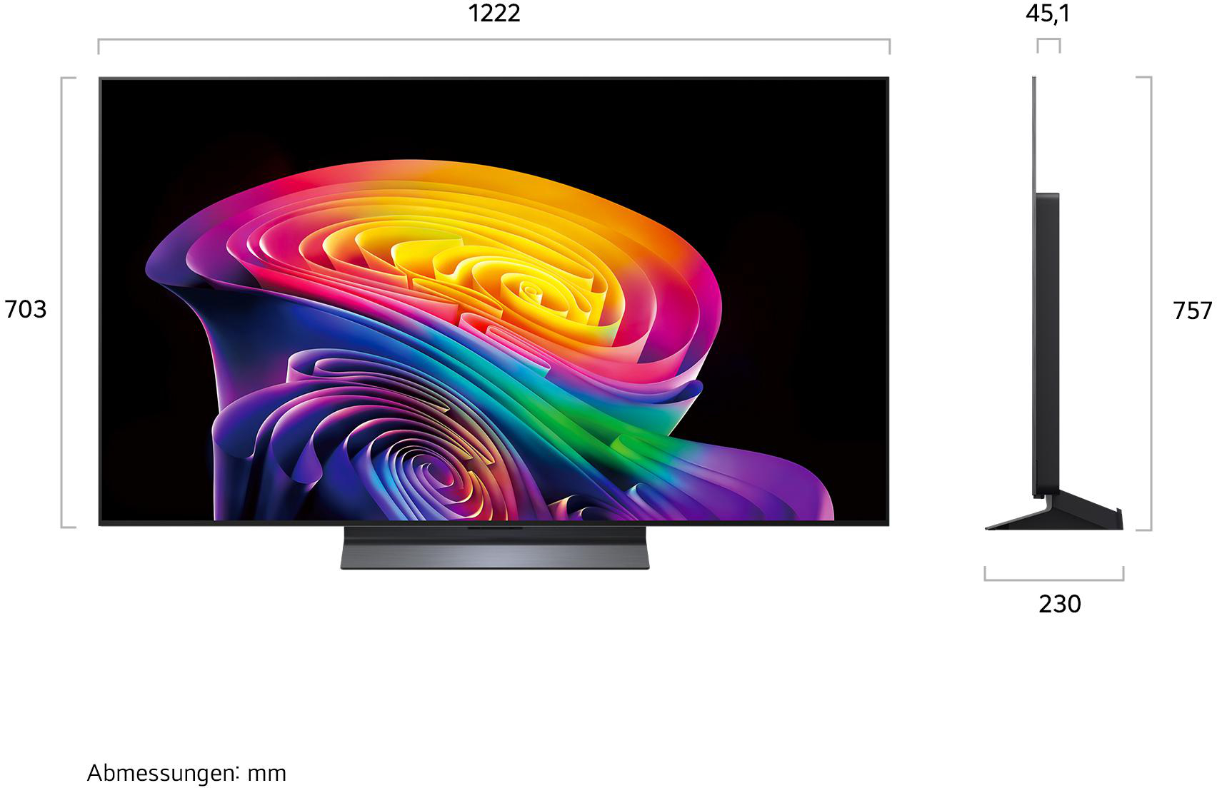 Ein Flachbildfernseher mit einem bunten abstrakten Hintergrundbild und Maangaben.