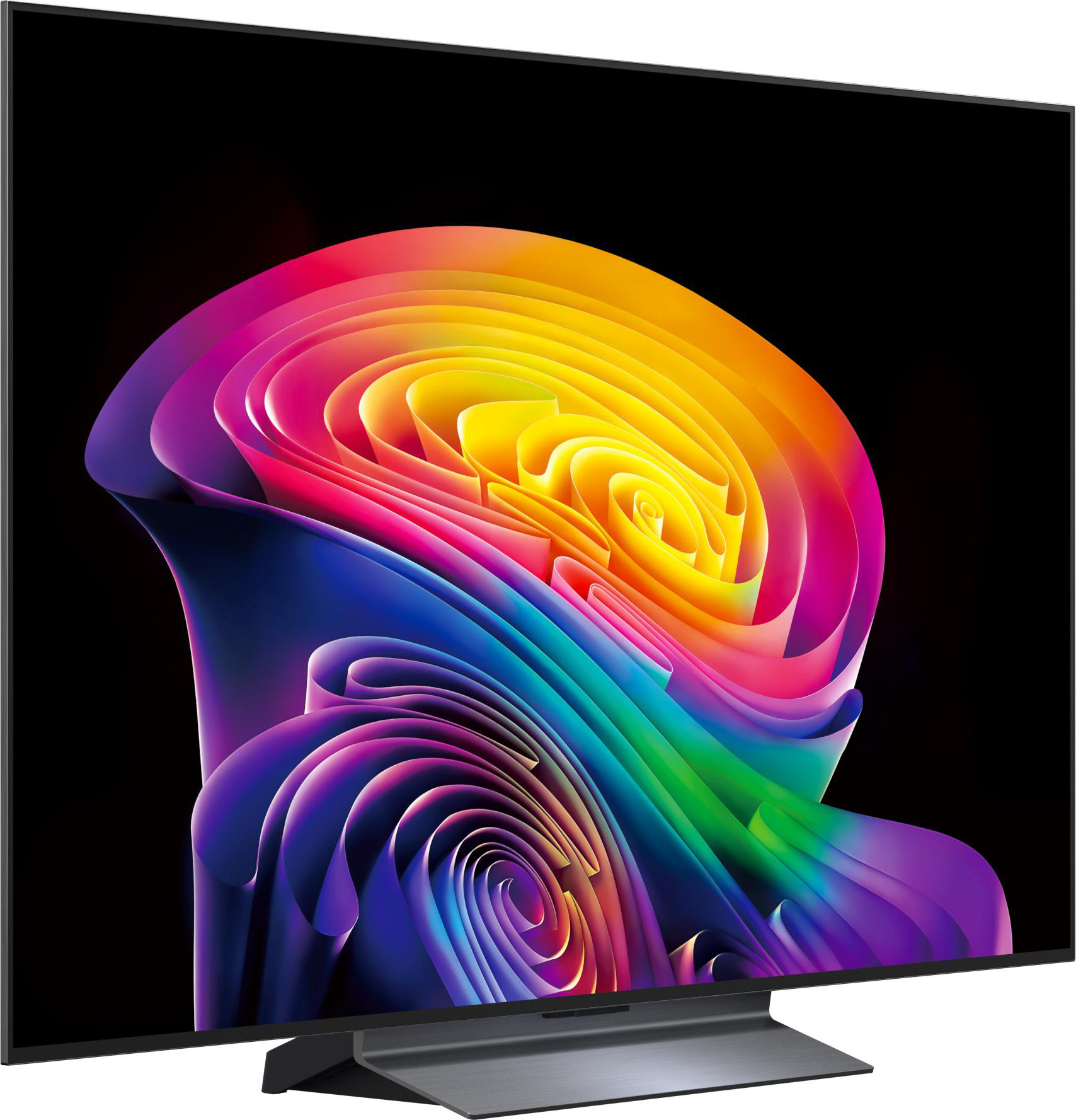 Ein moderner Fernseher mit einem abstrakten, bunten Wirbelmuster auf dem Bildschirm.