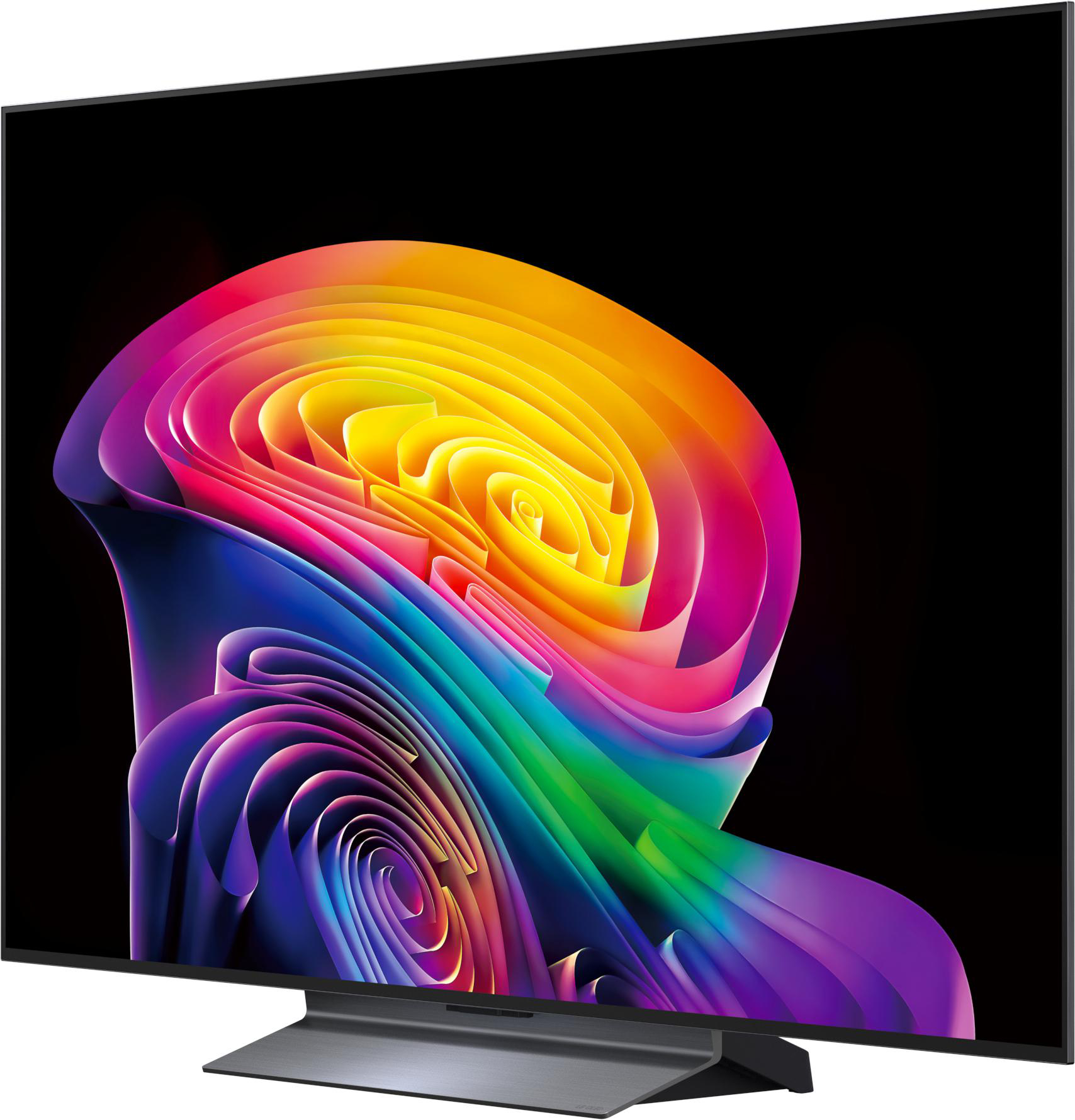 Ein moderner Fernseher mit einem abstrakten Regenbogenmuster auf dem Bildschirm.