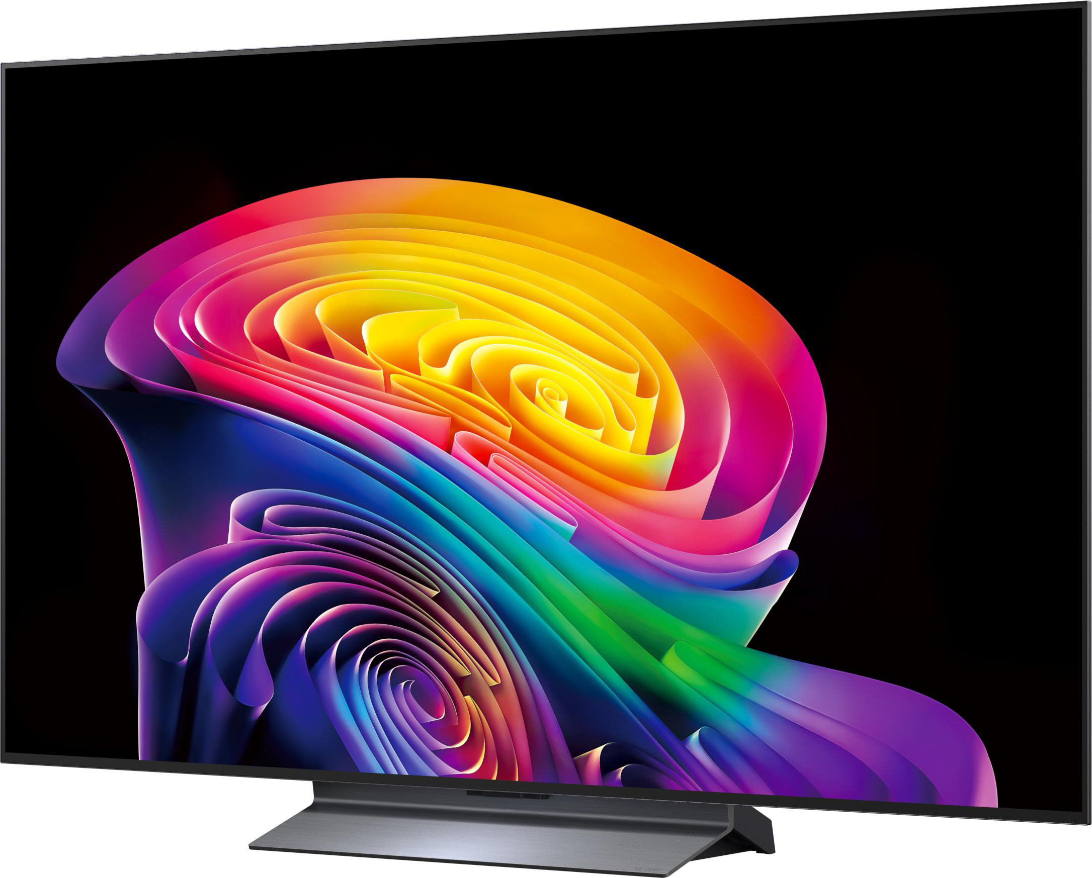Ein moderner Fernseher mit einem bunten, abstrakten Muster auf dem Bildschirm.