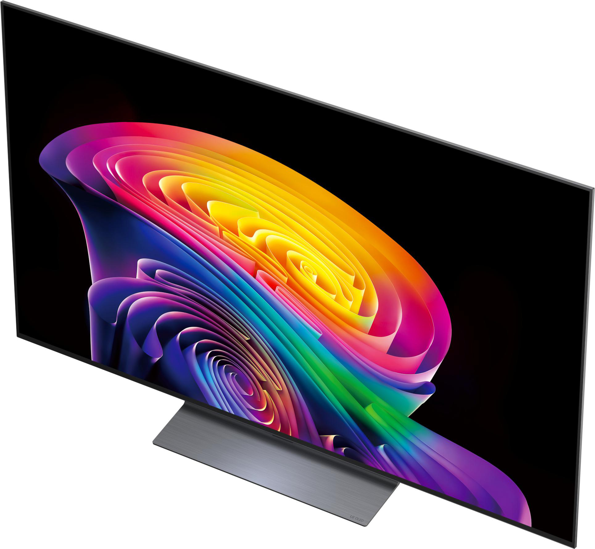 Ein moderner Fernseher zeigt einen bunten abstrakten Wirbel aus Pink, Lila, Blau, Grün, Gelb.
