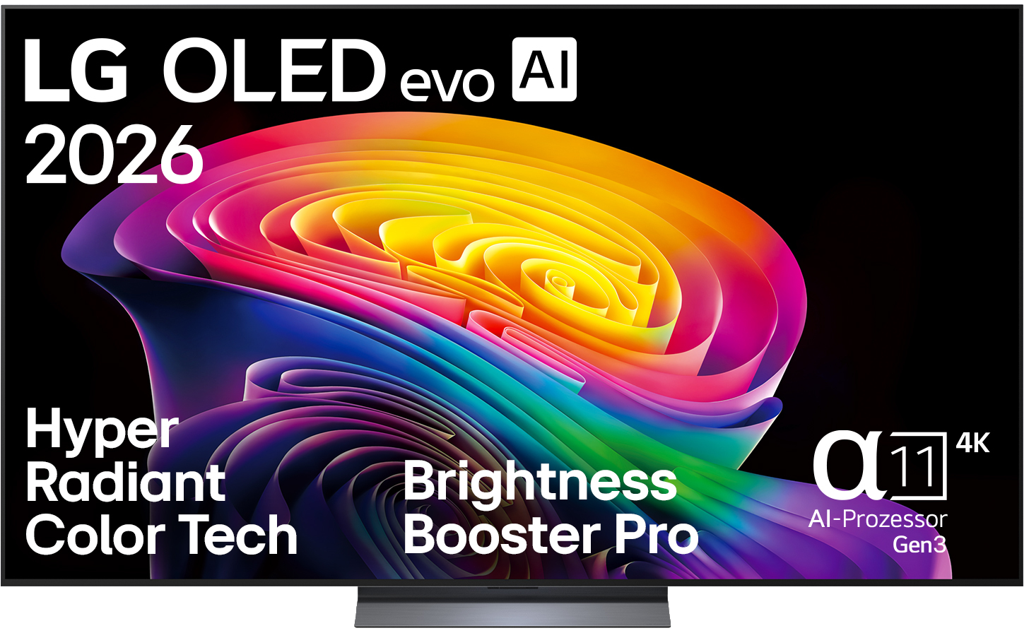 LG OLED evo AI 2026 TV mit farbenfrohem Design und Text.