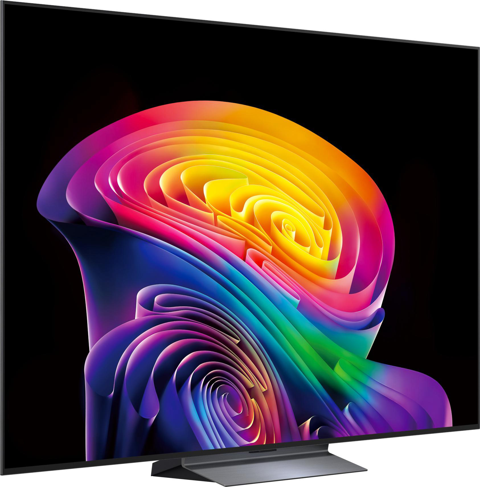 Ein moderner Fernseher mit einem bunten, abstrakten Wirbelmuster auf dem Bildschirm.