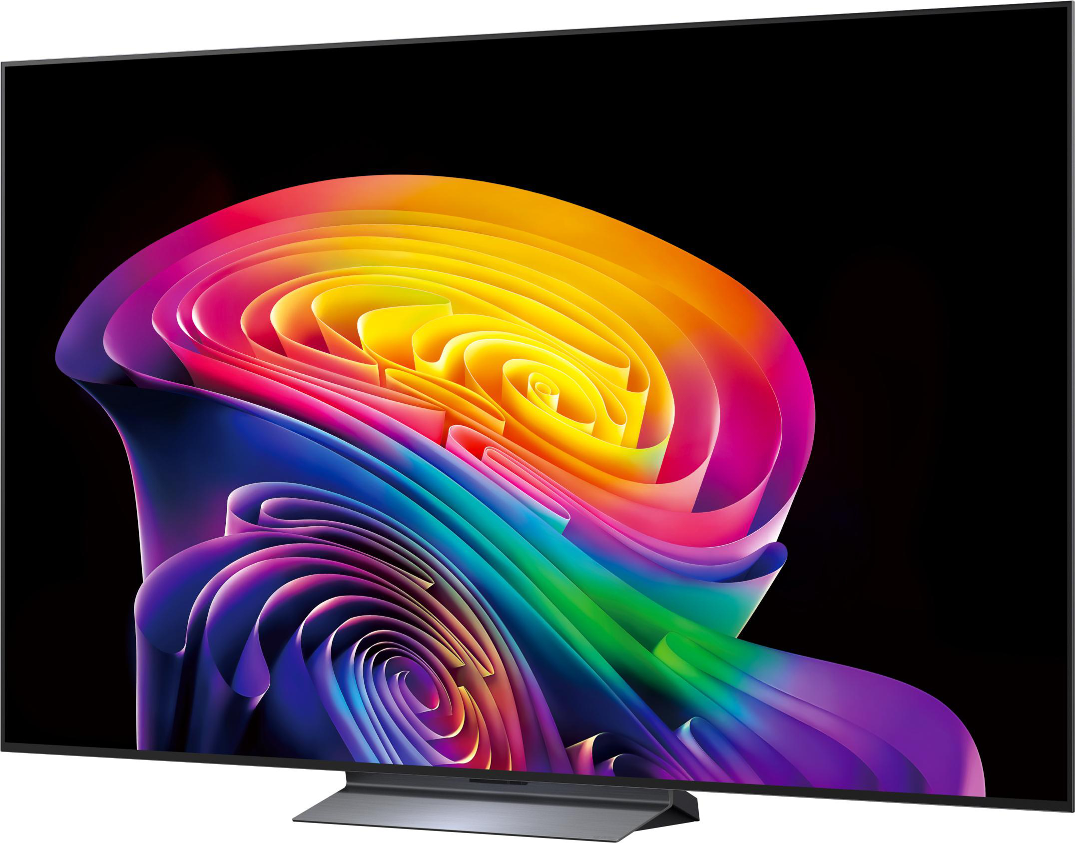Ein moderner Fernseher mit einem abstrakten, bunten Bildschirmschoner in Spiralform.