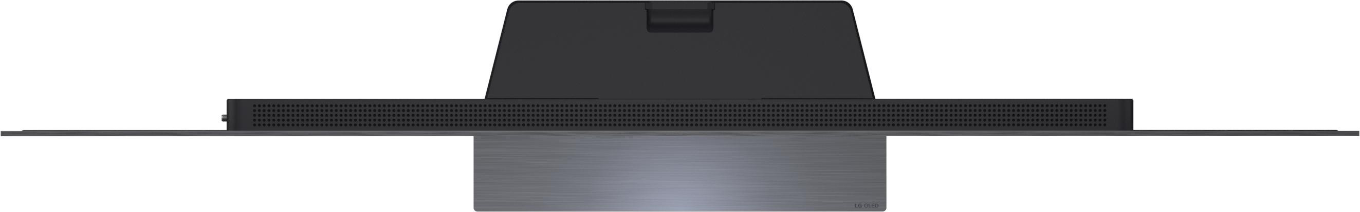 Rückseite eines schwarzen Fernsehers mit schmalem Rahmen und Metallsockel.