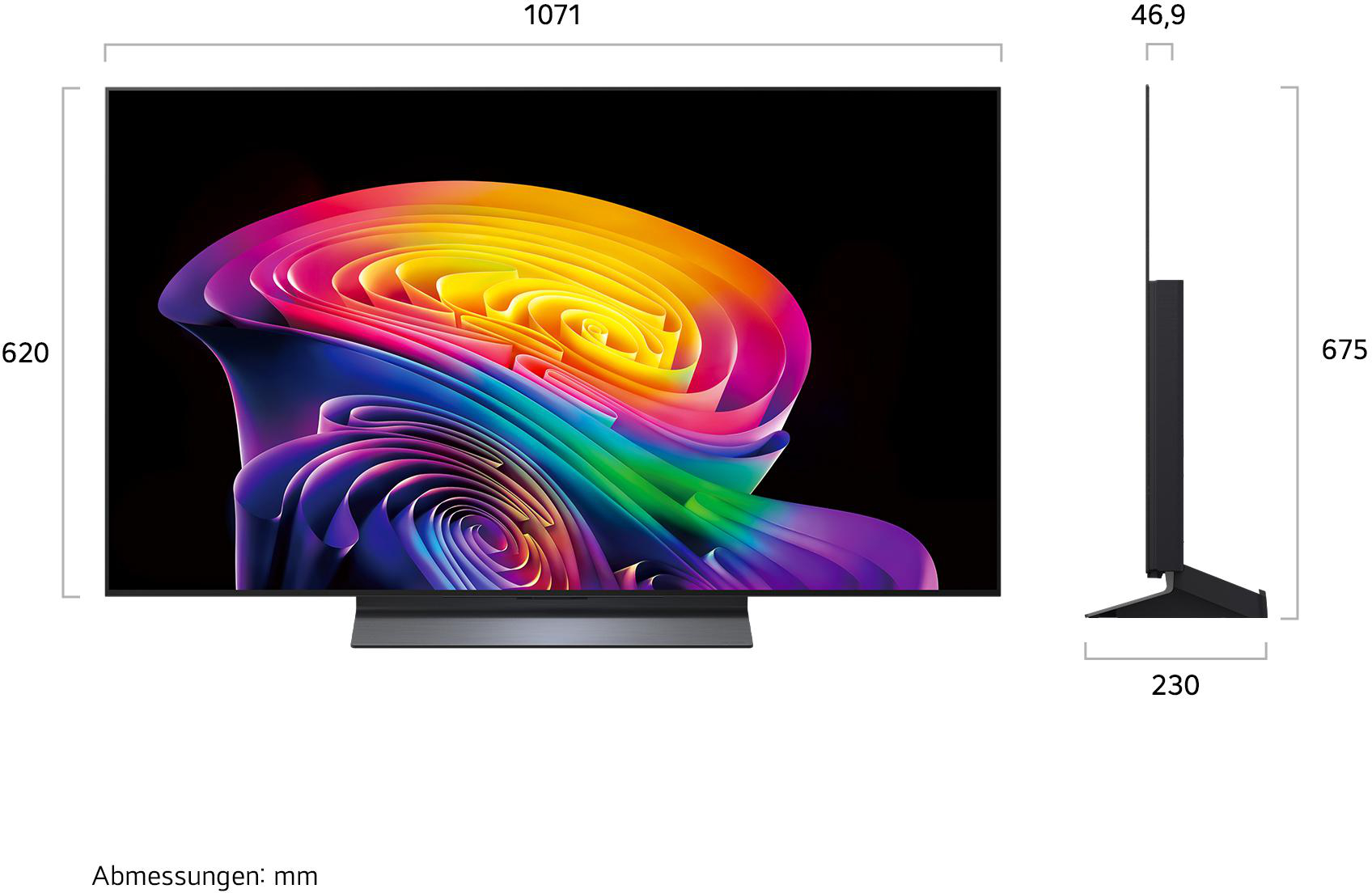 Ein moderner Fernseher mit lebendigem Farbdisplay und Maßen.