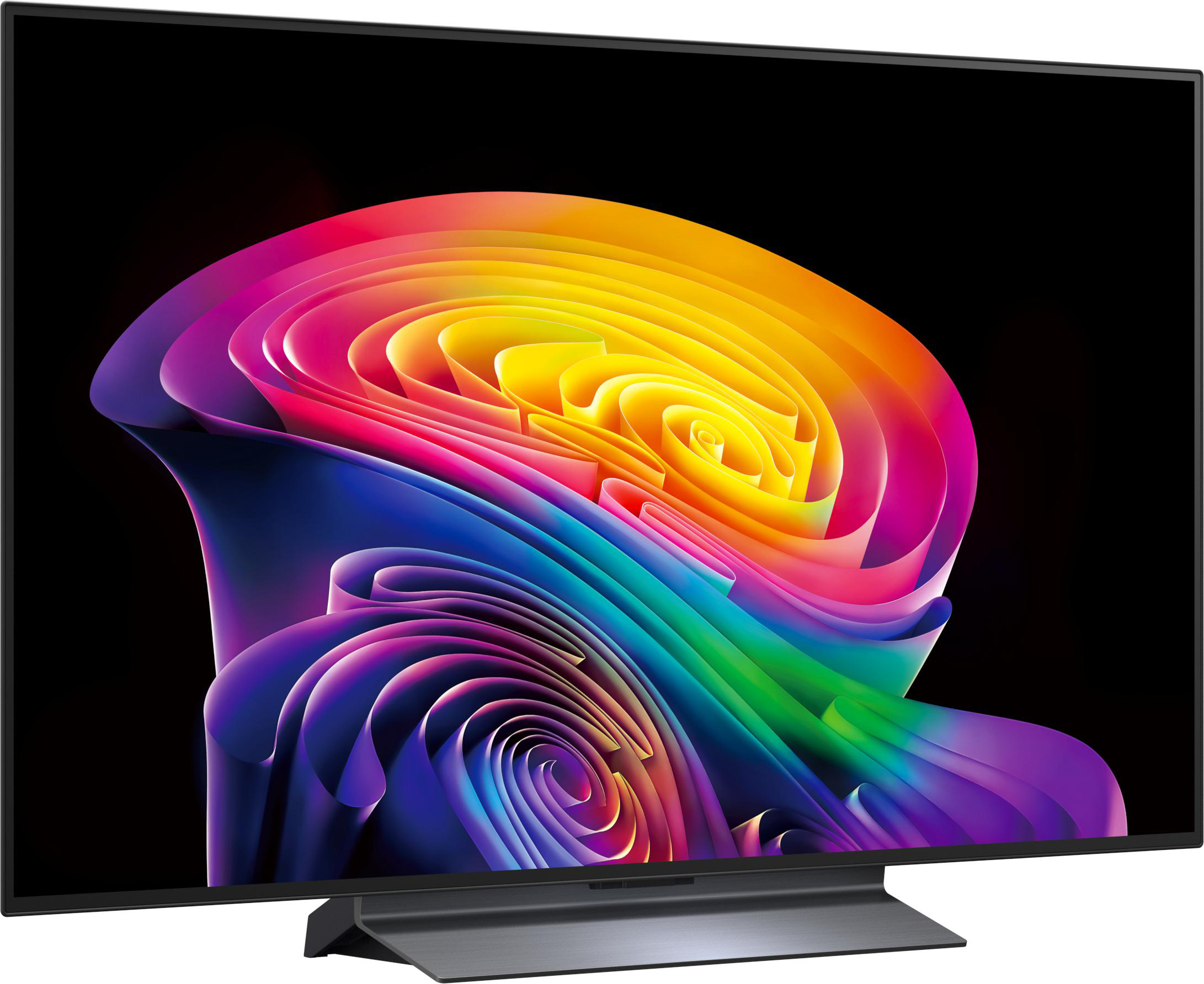 Ein moderner Fernseher mit einem abstrakten, bunten Bildschirmschoner, der sich nach links krümmt.