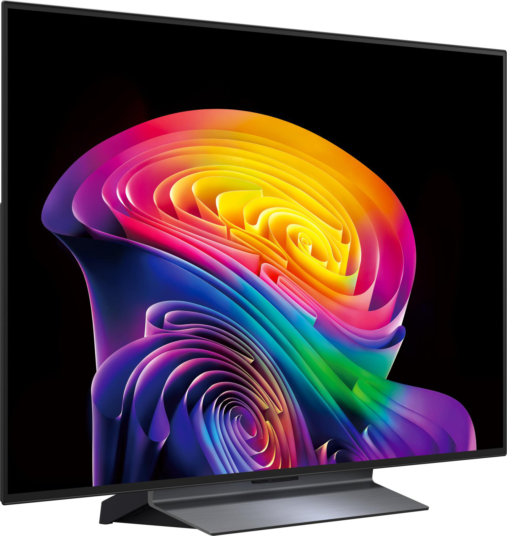 Ein moderner Fernseher mit einem abstrakten, bunten Hintergrund auf dem Bildschirm.