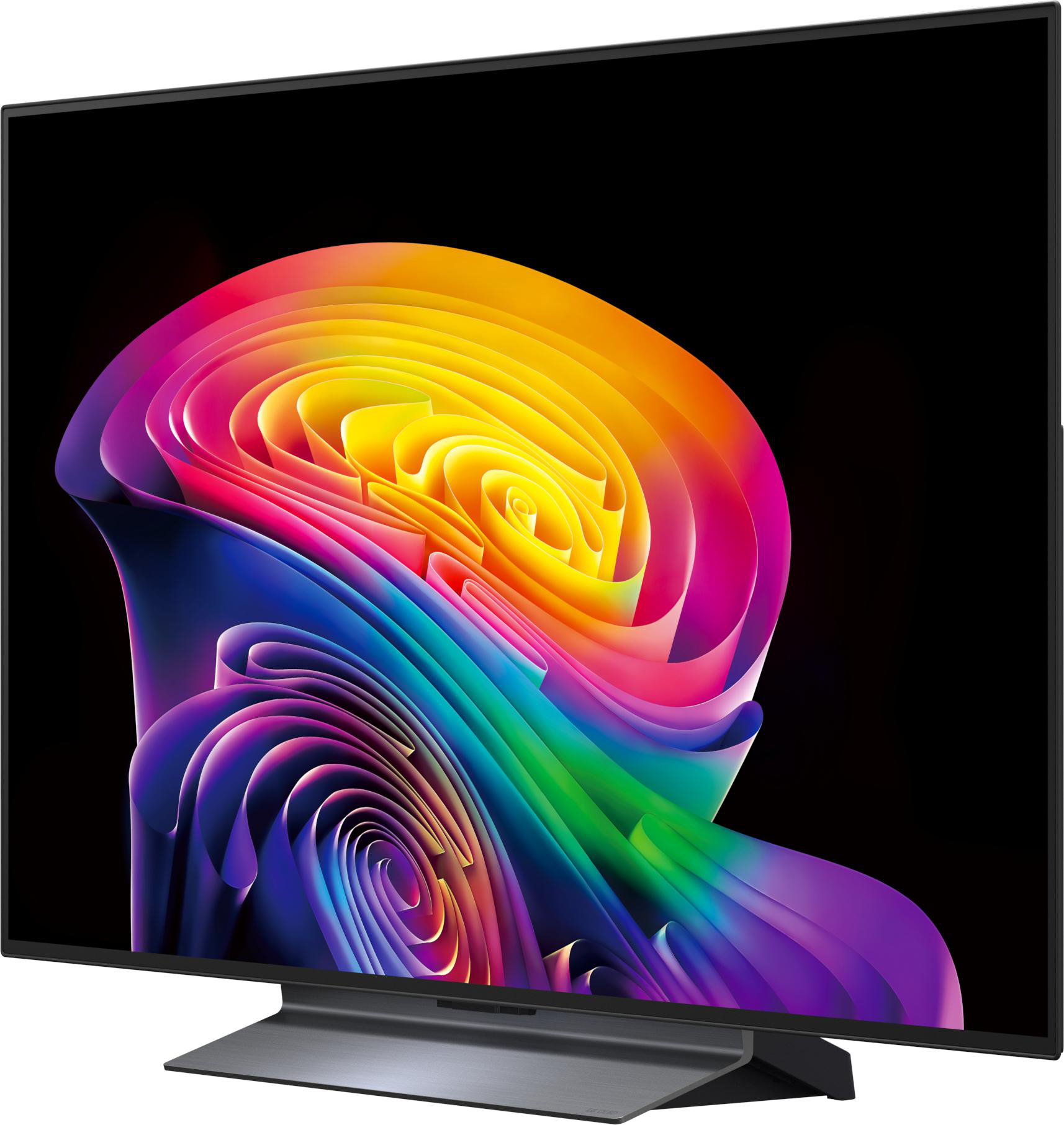 Ein moderner Fernseher mit einem bunten, wirbelnden Muster auf dem Bildschirm.