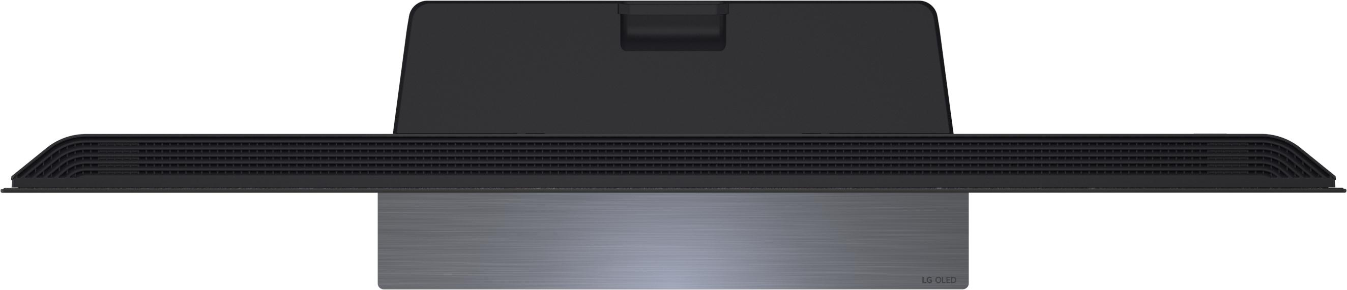 Schwarzer Fernseherständer mit gebürsteter Metallbasis und belüftetem oberen Teil.