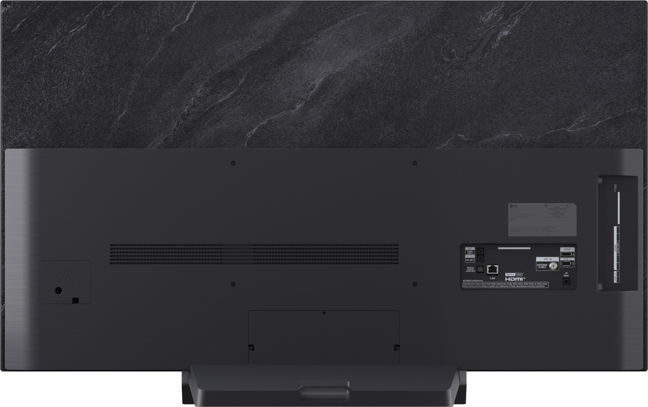 Rückseite eines schwarzen Fernsehers mit Anschlüssen wie HDMI, USB und LAN.
