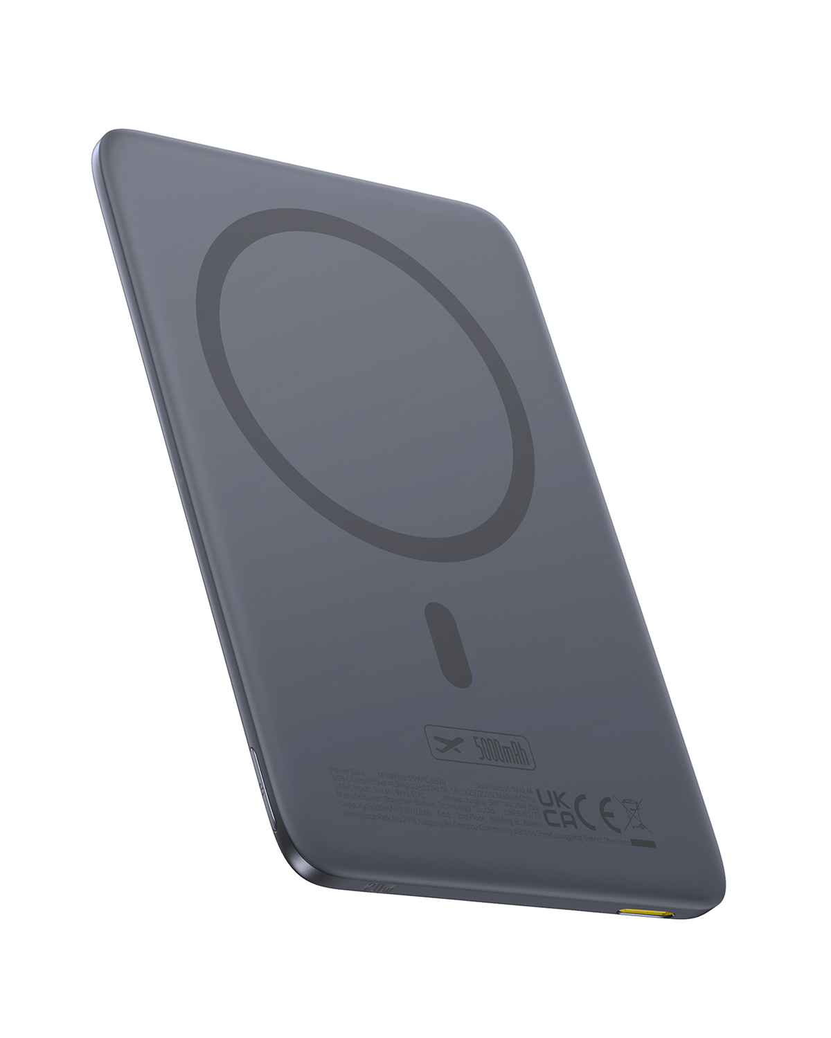 Batería externa gris de 5000 mAh con círculo de carga magnético y texto.