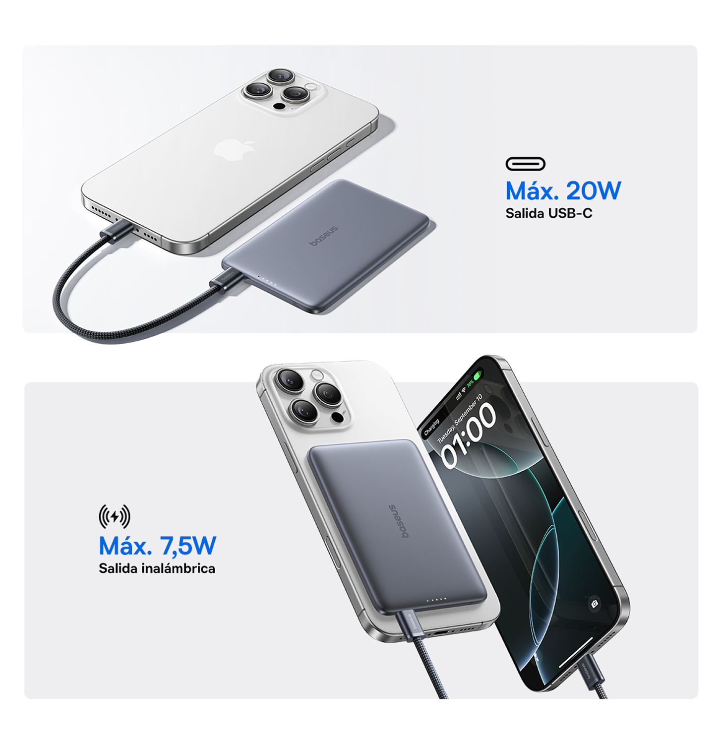Un cable de carga gris conecta un smartphone blanco a una batería externa gris.