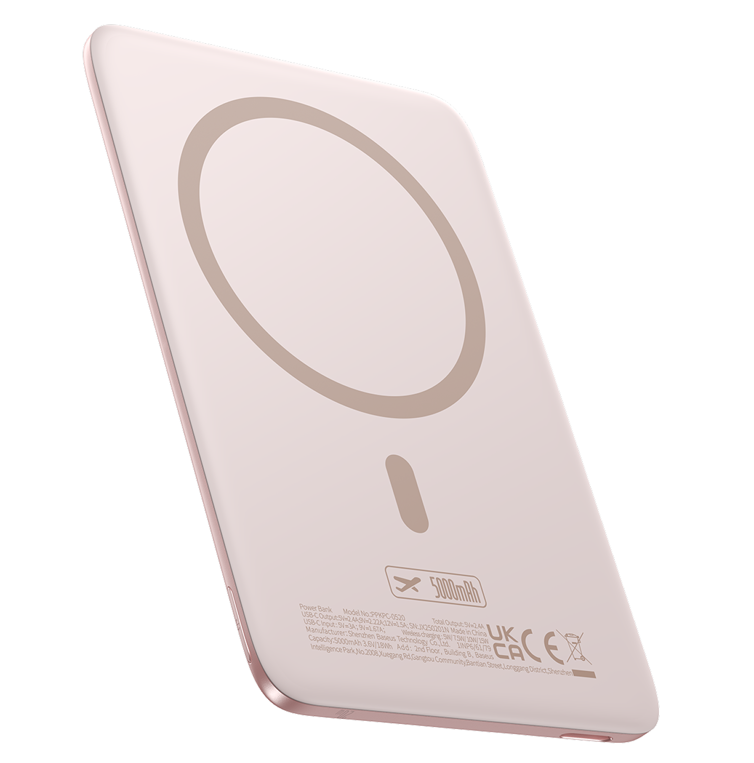 Una batería externa rosa dorada de 5000 mAh con área de carga circular.