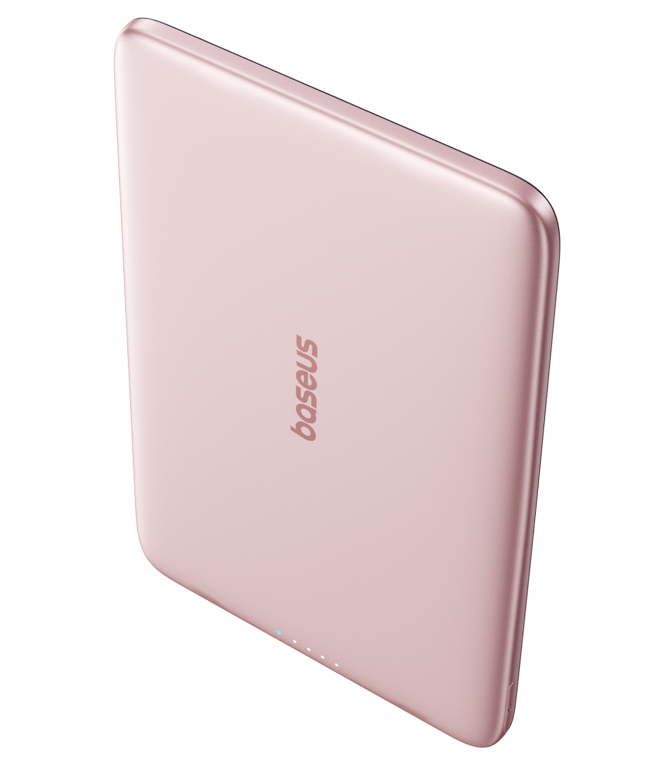 Un dispositivo rectangular color oro rosa con el logo "baseus" y cuatro indicadores de carga azules.
