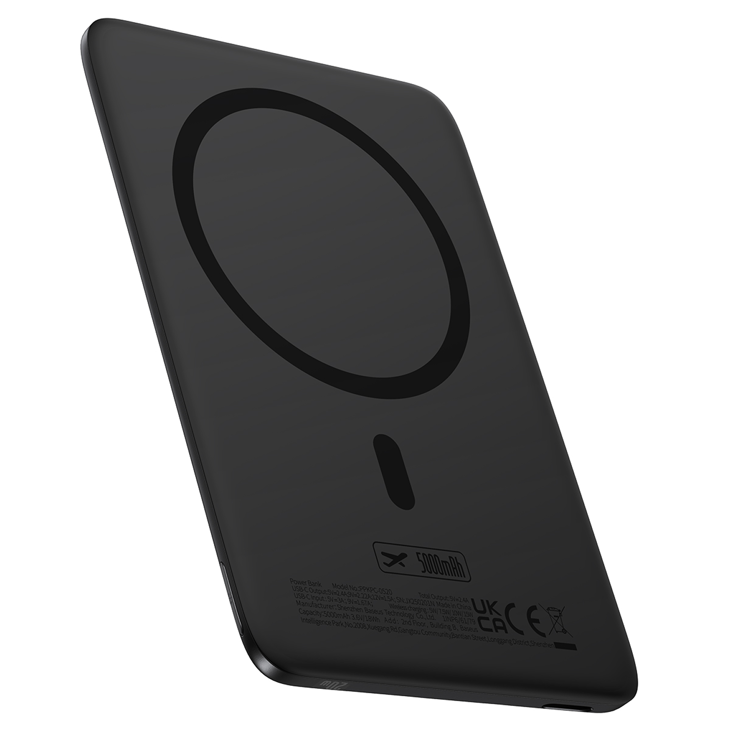 Cargador MagSafe negro con 5000 mAh de capacidad e indicador de carga.